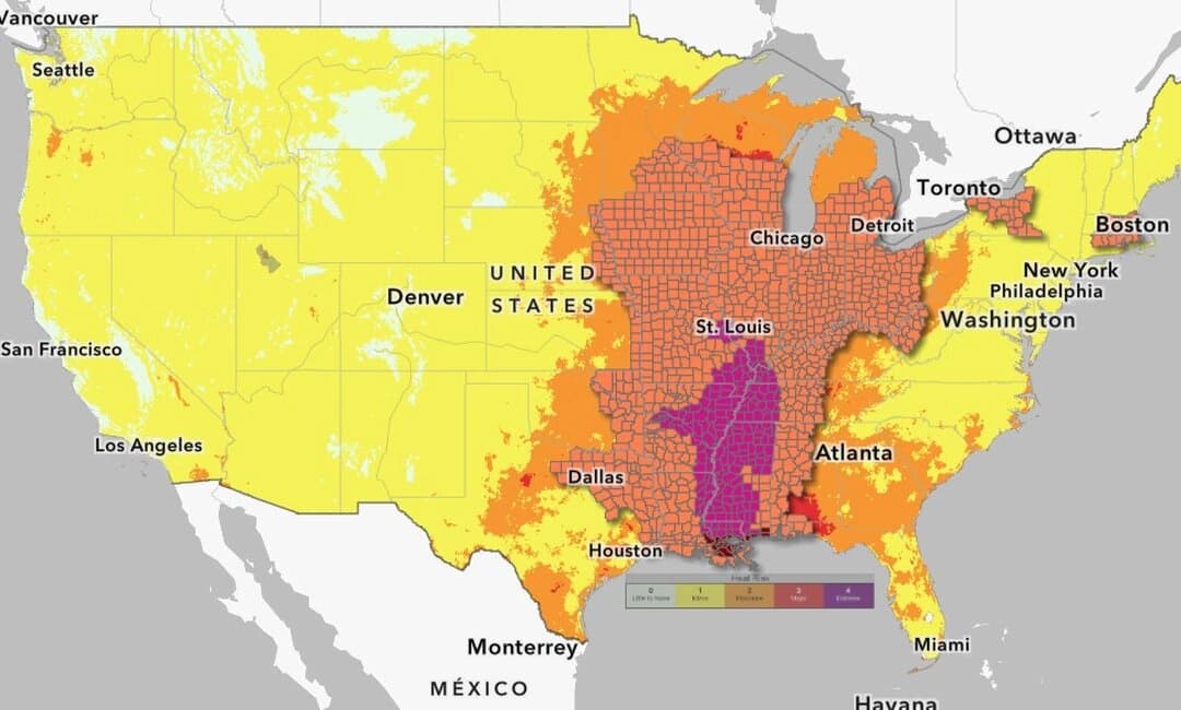 Un mapa de alertas de calor emitido por el Servicio Meteorológico Nacional de EE. UU., con fecha del 23 de julio de 2025, muestra que decenas de millones de estadounidenses se encuentran actualmente bajo algún tipo de aviso o advertencia relacionada con el calor. (Servicio Meteorológico Nacional de EE. UU. a través de The Epoch Times).
