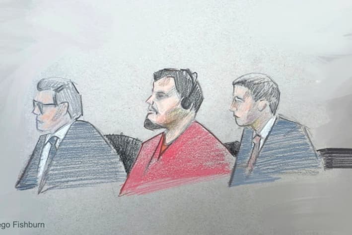 Este boceto de la sala del tribunal muestra a Sean Hecker (izq.), Kilmar Abrego García (centro) y el abogado Rascoe Dean (der.) en el tribunal durante la audiencia de detención de Abrego García en Nashville, Tennessee, el 25 de junio de 2025. (Diego Fishburn/AP Photo)