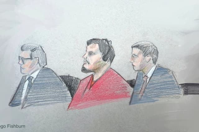 Este boceto de la sala del tribunal muestra a Sean Hecker (izq.), Kilmar Abrego García (centro) y el abogado Rascoe Dean (der.) en el tribunal durante la audiencia de detención de Abrego García en Nashville, Tennessee, el 25 de junio de 2025. (Diego Fishburn/AP Photo)