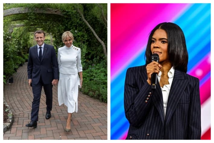 (Izquierda) El presidente francés, Emmanuel Macron, y la primera dama, Brigitte Macron, asisten a una recepción para la reina Isabel II y los líderes del G7 en The Eden Project durante la Cumbre del G7 en St Austell, Cornwall, Inglaterra, el 11 de junio de 2021. (Derecha) La escritora conservadora estadounidense Candace Owens habla en la Conferencia de Acción Política Conservadora 2022 (CPAC), en Orlando, Florida, el 25 de febrero de 2022. (Jack Hill-WPA Pool/Getty Images; Chandan Khanna/AFP vía Getty Images)