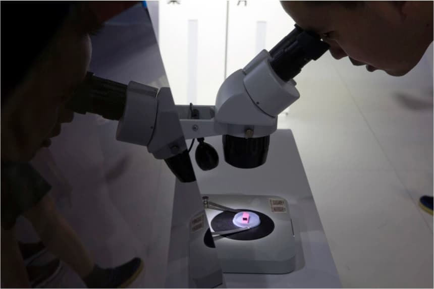 Un visitante de la 21ª Exposición Internacional de Alta Tecnología de Beijing observa un chip de computadora a través de un microscopio exhibido por el proyecto Tsinghua Unigroup, controlado por el estado, en Beijing el 17 de mayo de 2018. Ng Han Guan/AP Photo