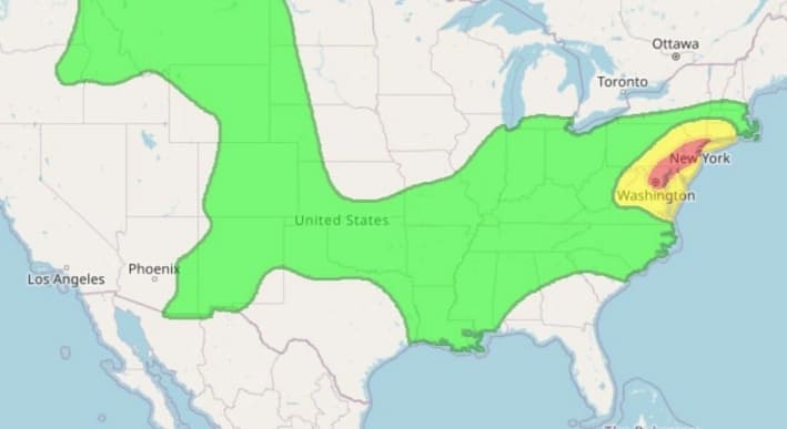 Se espera que una franja de tormentas eléctricas traiga fuertes lluvias y la amenaza de inundaciones repentinas a los estados del noreste y del Atlántico medio el jueves y el viernes, según un mapa publicado por el Servicio Meteorológico Nacional, el 31 de julio de 2025. (NWS)