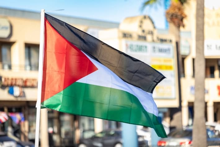 Manifestantes ondean banderas en apoyo a los palestinos, en Los Ángeles, California, el 12 de octubre de 2023. (John Fredricks/The Epoch Times)