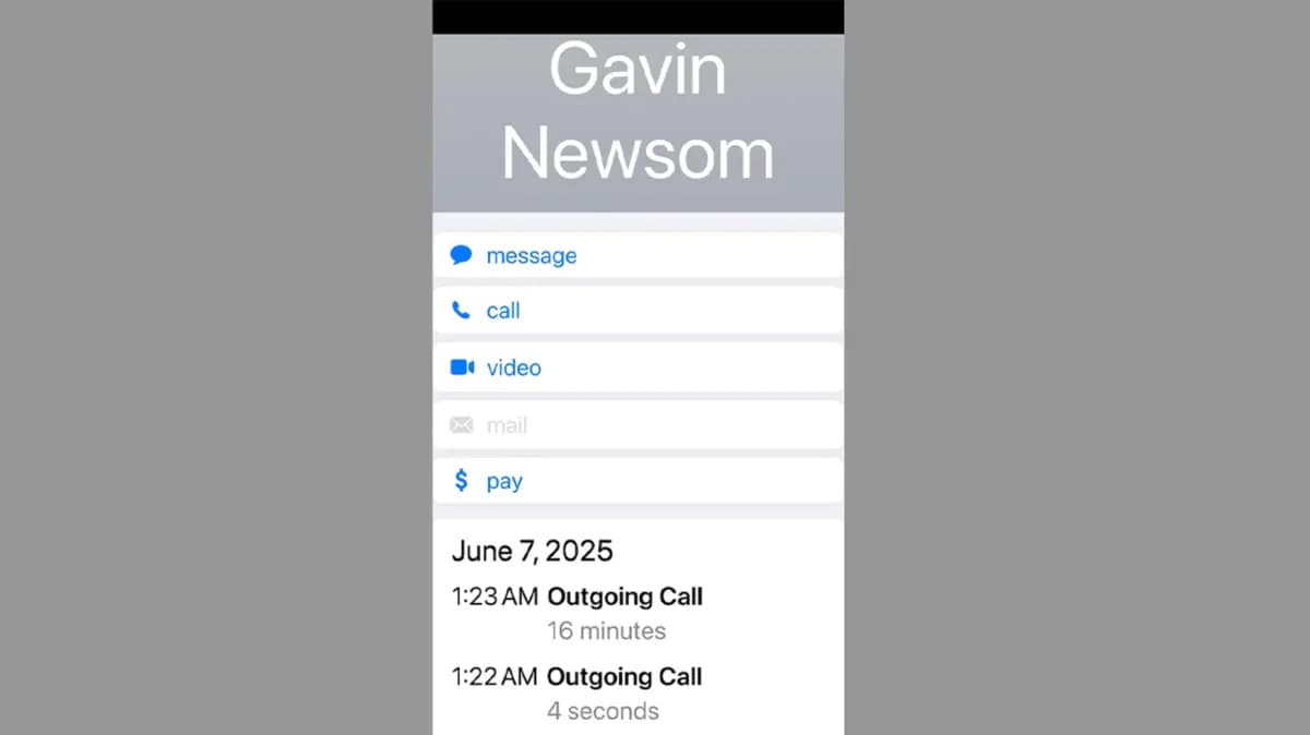 El presidente Donald Trump proporcionó a Fox News esta captura de pantalla, que según él muestra los detalles de una llamada telefónica realizada al gobernador Gavin Newsom el 7 de junio de 2025. (Fox News).