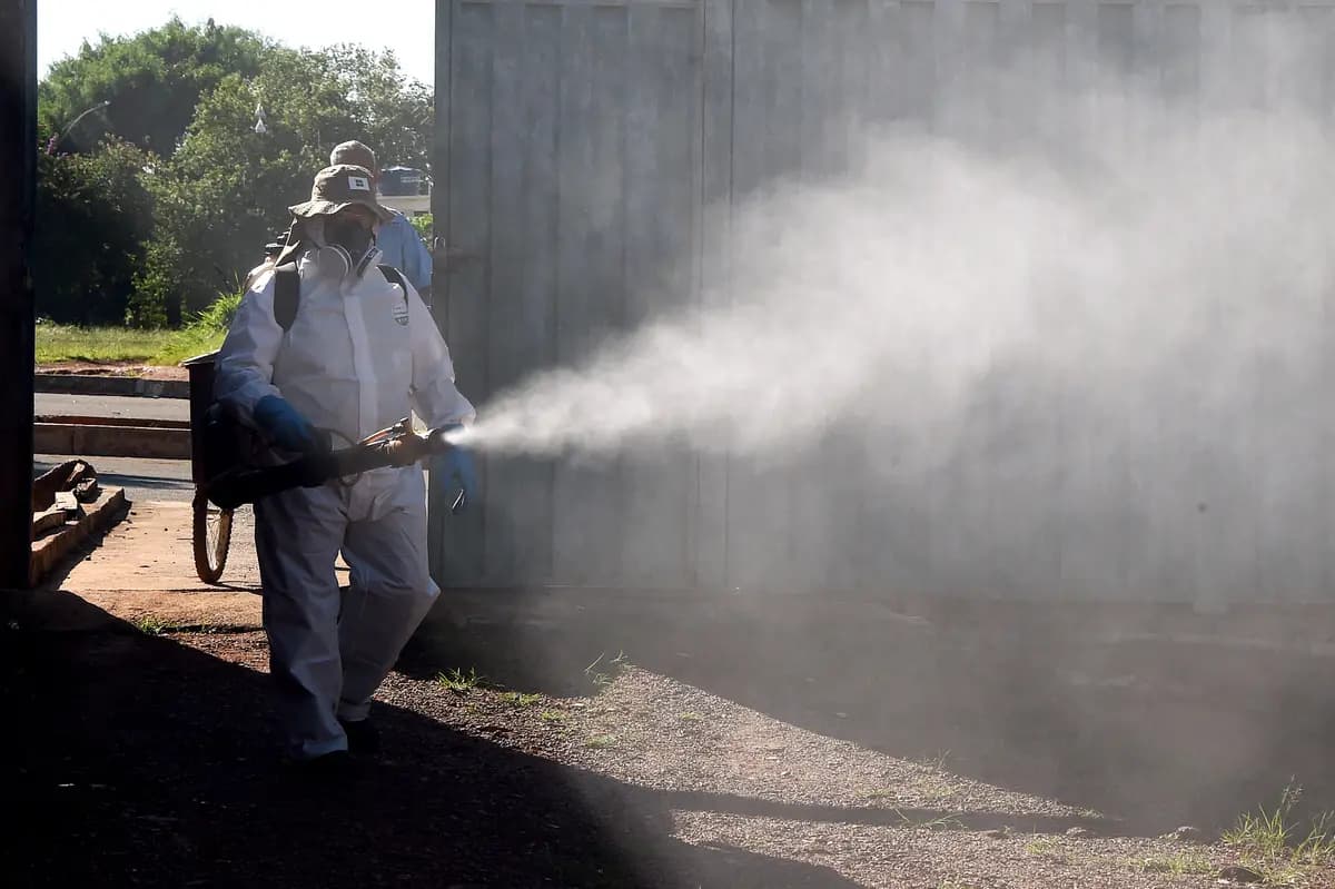 Un empleado de la Fundación Nacional de Salud de Brasil fumiga contra el mosquito Aedes aegypti, vector de los virus del dengue, la fiebre chikungunya y el zika, en Gama, a 28 millas al sur de Brasilia, el 17 de febrero de 2016. (Evaristo Sa/AFP/Getty Images)