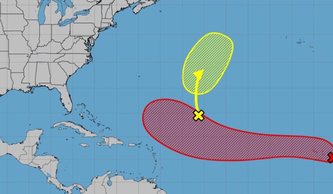 Un mapa publicado por el Centro Nacional de Huracanes de EE. UU. el 10 de agosto de 2025 muestra una zona de perturbación que tiene un 90 % de probabilidades de convertirse en tormenta tropical o huracán en los próximos siete días. (NHC)