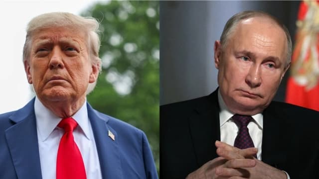 (Izquierda) El presidente de Estados Unidos, Donald Trump, habla con los medios de comunicación antes de subir al Marine One en el jardín sur de la Casa Blanca, el 15 de junio de 2025. (Derecha) El presidente ruso, Vladimir Putin, concede una entrevista en el Kremlin, en Moscú, el 12 de marzo de 2024. (Tasos Katopodis/Getty Images; Gavriil Grigorov/AFP a través de Getty Images)
