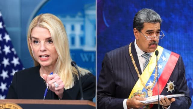 La fiscal general de los Estados Unidos, Pam Bondi, en la sala de prensa de la Casa Blanca el 27 de junio de 2025 en Washington, DC. (Joe Raedle/Getty Images) / Nicolás Maduro el 15 de enero de 2025 en Caracas, Venezuela. (Jesús Vargas/Getty Images)