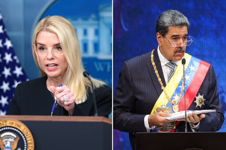La fiscal general de los Estados Unidos, Pam Bondi, en la sala de prensa de la Casa Blanca el 27 de junio de 2025 en Washington, DC. (Joe Raedle/Getty Images) / Nicolás Maduro el 15 de enero de 2025 en Caracas, Venezuela. (Jesús Vargas/Getty Images)