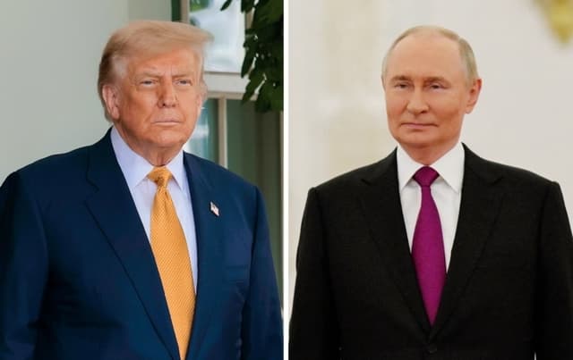 (Izquierda) El presidente Donald Trump fuera del Ala Oeste de la Casa Blanca, el 16 de julio de 2025. (Derecha) El presidente ruso Vladimir Putin en el Kremlin, en Moscú, el 7 de agosto de 2025. (Anna Moneymaker/Getty Images, Alexei Nikolsky/POOL/AFP vía Getty Images)