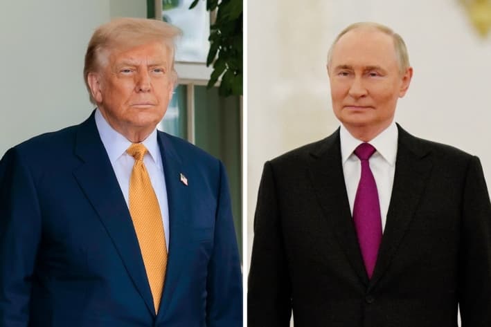 (Izquierda) El presidente Donald Trump fuera del Ala Oeste de la Casa Blanca, el 16 de julio de 2025. (Derecha) El presidente ruso Vladimir Putin en el Kremlin, en Moscú, el 7 de agosto de 2025. (Anna Moneymaker/Getty Images, Alexei Nikolsky/POOL/AFP vía Getty Images)