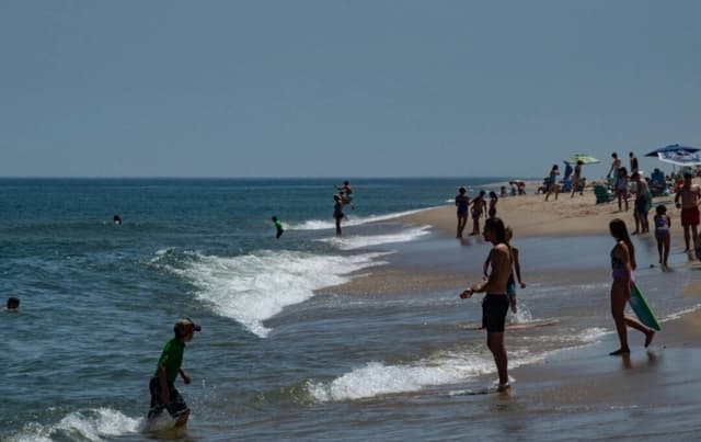 La gente nada en el agua de la playa Newcomb en Wellfleet, Massachusetts, el 21 de julio de 2024. (Joseph Prezioso/AFP vía Getty Images)