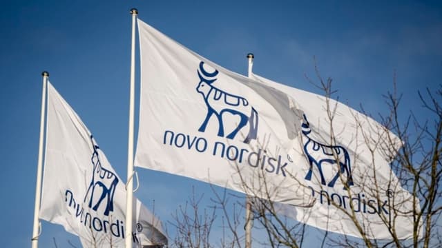 Banderas con el logotipo de Novo Nordisk, fabricante de Ozempic y Wegovy, en una imagen de archivo. (Mads Claus Rasmussen/Ritzau Scanpix/AFP a través de Getty Images)
