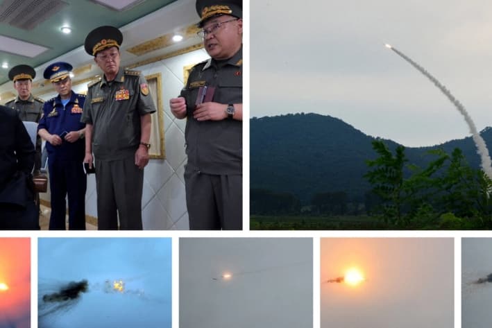 Una imagen combinada publicada por KCNA el 23 de agosto de 2025, supuestamente muestra pruebas de lanzamiento de misiles antiaéreos y al líder norcoreano Kim Jong-un, flanqueado por oficiales del Ejército Popular de Corea, en un lugar desconocido. (KCNA vía Reuters)
