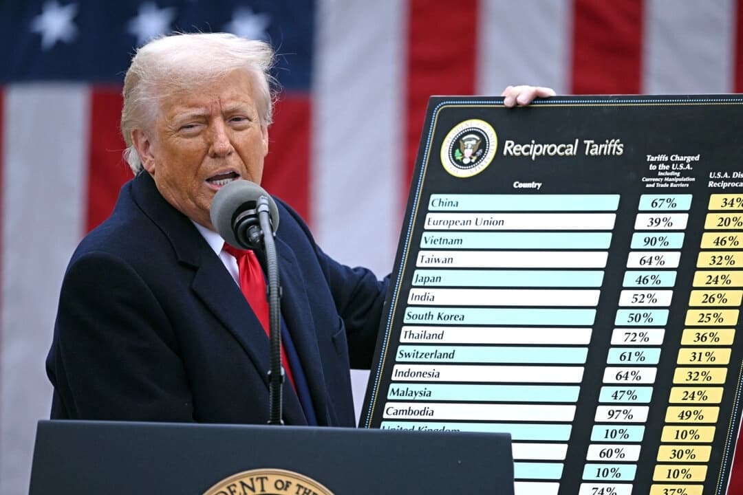 El presidente Donald Trump sostiene un gráfico mientras pronuncia unas declaraciones sobre los aranceles recíprocos en la Casa Blanca, el 2 de abril de 2025. (Brendan Smialowski/AFP a través de Getty Images)