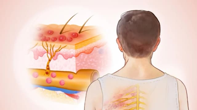 La erupción cutánea del herpes zóster suele aparecer como una piel dolorosa y con ampollas en un lado del cuerpo. (Ilustración de The Epoch Times, Shutterstock).