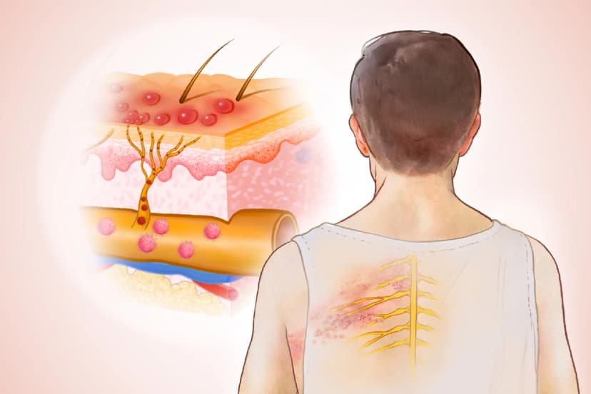 La erupción cutánea del herpes zóster suele aparecer como una piel dolorosa y con ampollas en un lado del cuerpo. (Ilustración de The Epoch Times, Shutterstock).
