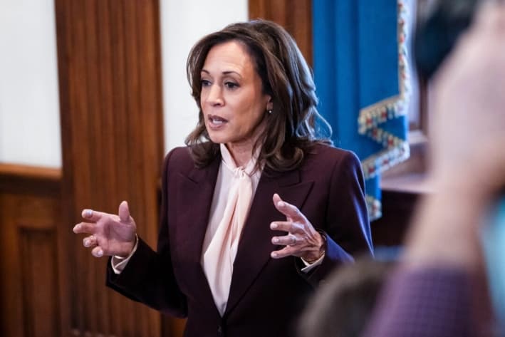 La vicepresidenta Kamala Harris habla con la prensa después de una sesión conjunta del Congreso para certificar las elecciones presidenciales de 2024, en Washington, el 6 de enero de 2025. (Madalina Vasiliu/The Epoch Times)