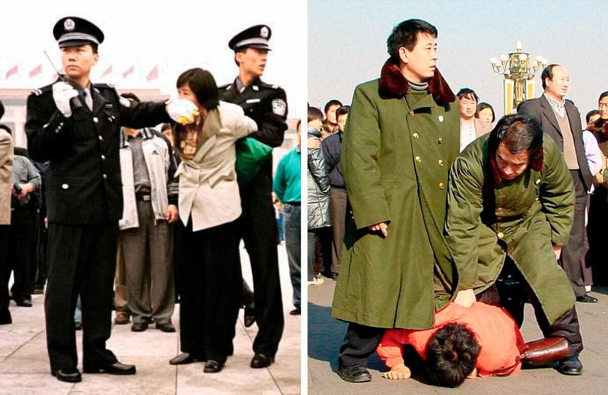 (Izquierda) Dos policías chinos arrestan a un practicante de Falun Gong en la plaza de Tiananmen de Beijing  el 10 de enero de 2000. (Derecha) La policía china detiene a un practicante de Falun Gong en la plaza de Tiananmen de Beijing, en esta foto de archivo. (Chien-Min Chung/AP Photo, Minghui)