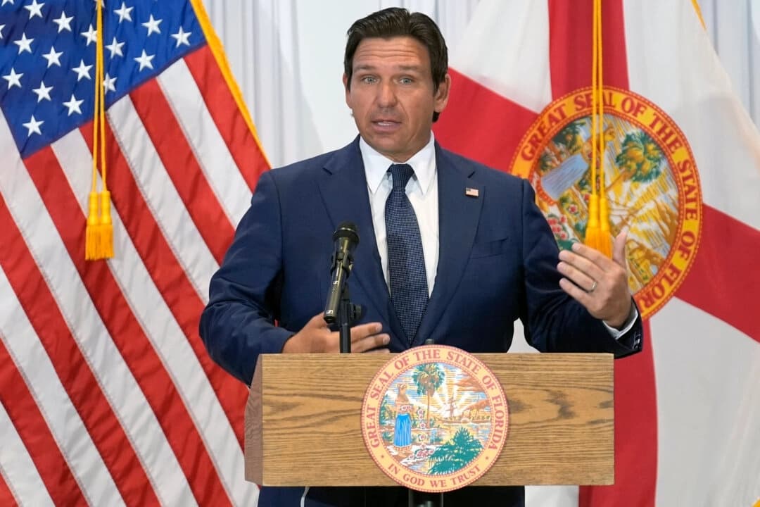 El gobernador de Florida, Ron DeSantis, gesticula durante una rueda de prensa el martes 12 de agosto de 2025 en Tampa, Florida. (AP Photo/Chris O'Meara)
