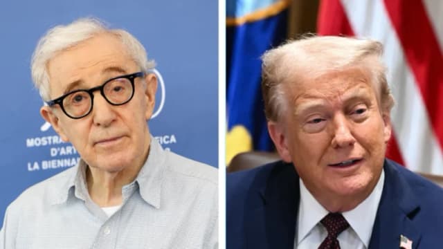 (Izquierda) Woody Allen asiste a una sesión fotográfica para la película "Coup De Chance" en el 80.º Festival Internacional de Cine de Venecia, el 4 de septiembre de 2023 en Venecia, Italia. (Derecha) El presidente Donald Trump habla durante una reunión del gabinete en la Casa Blanca, en Washington, el 26 de agosto de 2025. (Vittorio Zunino Celotto/Mandel Ngan/AFP a través de Getty Images).