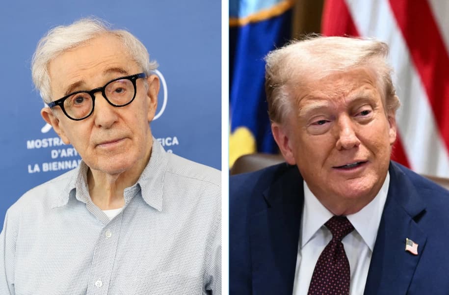 (Izquierda) Woody Allen asiste a una sesión fotográfica para la película "Coup De Chance" en el 80.º Festival Internacional de Cine de Venecia, el 4 de septiembre de 2023 en Venecia, Italia. (Derecha) El presidente Donald Trump habla durante una reunión del gabinete en la Casa Blanca, en Washington, el 26 de agosto de 2025. (Vittorio Zunino Celotto/Mandel Ngan/AFP a través de Getty Images).