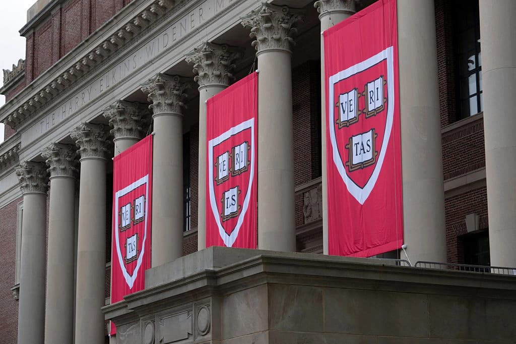 Banderas de Harvard cuelgan frente a la biblioteca Widener durante la 374.ª ceremonia de graduación de Harvard en Harvard Yard, Cambridge, Massachusetts, el 29 de mayo de 2025. (Rick Friedman/AFP vía Getty Images)
