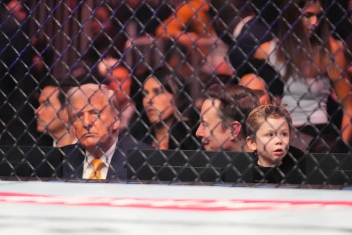 El presidente Donald Trump (izq.) y Elon Musk (centro), en una pelea de artes marciales mixtas en UFC 314, en Miami, el 12 de abril de 2025. (Lynne Sladky/AP Photo)