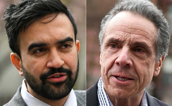 (Izquierda) El candidato a la alcaldía de Nueva York y representante estatal demócrata Zohran Mamdani, en Nueva York, el 16 de abril de 2025. (Derecha) El candidato a la alcaldía de Nueva York y exgobernador demócrata Andrew Cuomo, en Nueva York, el 13 de abril de 2025. (Angela Weiss y Charly Triballeau/AFP vía Getty Images)