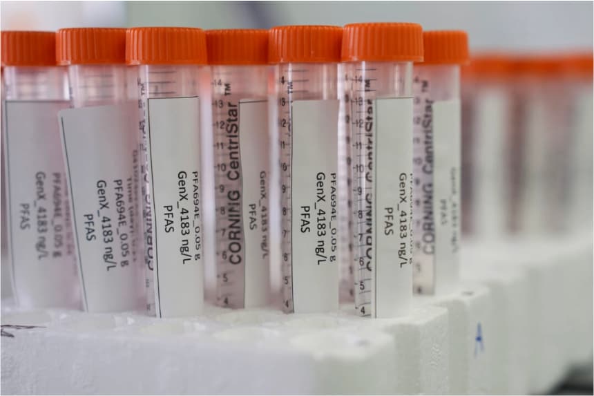 Viales con muestras de PFAS en una bandeja en un laboratorio de la Agencia de Protección Ambiental en Cincinnati, el 10 de abril de 2024. The Canadian Press/AP-Joshua A. Bickel