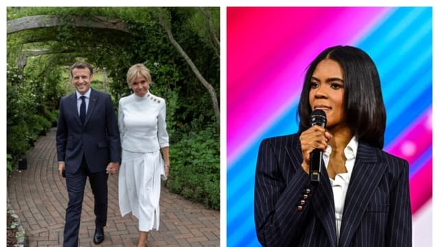 (Izquierda) El presidente francés Emmanuel Macron y su esposa Brigitte Macron en St Austell, Cornualles, Inglaterra, el 11 de junio de 2021. (Derecha) La autora conservadora estadounidense Candace Owens en Orlando, Florida, el 25 de febrero de 2022. (Jack Hill/Getty Images; Chandan Khanna/AFP vía Getty Images)
