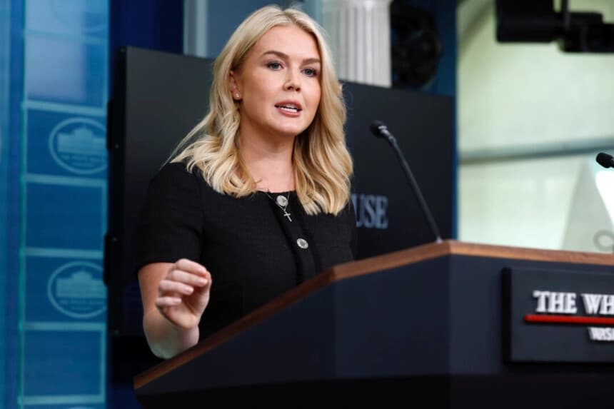 La secretaria de prensa de la Casa Blanca, Karoline Leavitt, habla durante una rueda de prensa en la sala Brady Press Briefing Room de la Casa Blanca en Washington, D.C., el 28 de agosto de 2025. Chip Somodevilla/Getty Images