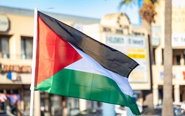 Manifestantes ondean banderas en apoyo a los palestinos, en Los Ángeles, el 12 de octubre de 2023. (John Fredricks/The Epoch Times)