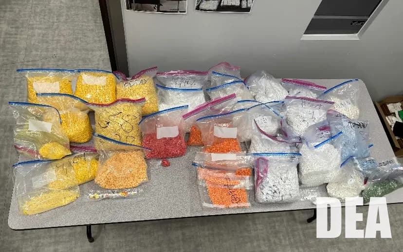 Agentes de la Administración para el Control de Drogas muestran aproximadamente 300,000 pastillas falsificadas incautadas en una operación contra el Cártel Jalisco Nueva Generación en septiembre de 2025. (Cortesía/Administración para el Control de Drogas)