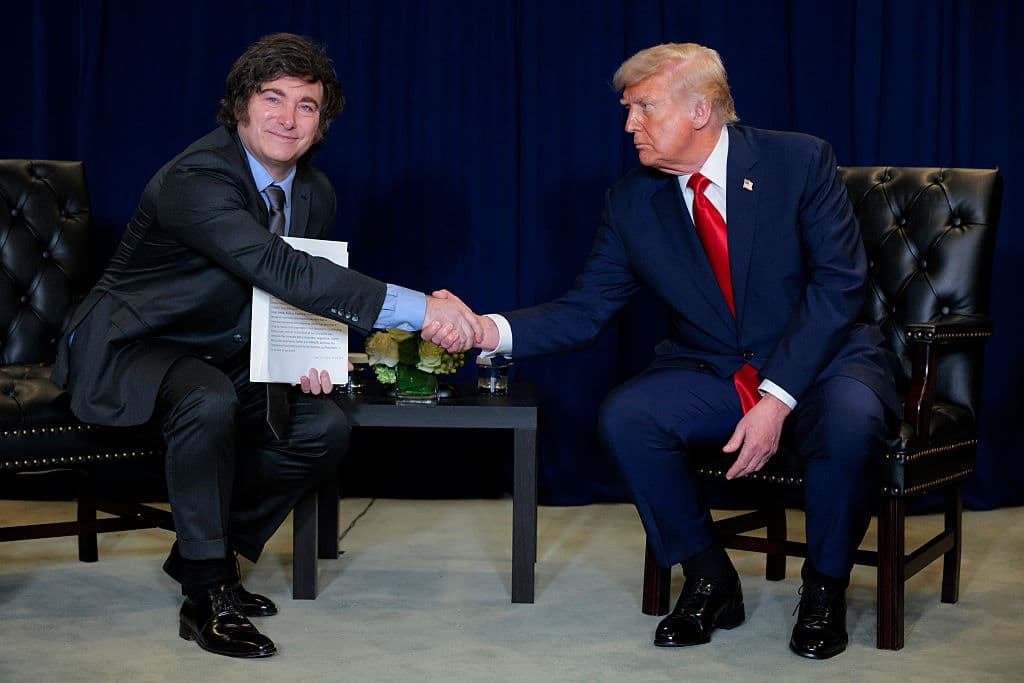 El presidente de los Estados Unidos, Donald Trump (R), estrecha la mano del presidente de Argentina, Javier Milei, durante una reunión bilateral en la 80.ª sesión de la Asamblea General de las Naciones Unidas (AGNU) en la sede de las Naciones Unidas el 23 de septiembre de 2025 en la ciudad de Nueva York. (Chip Somodevilla/Getty Images)