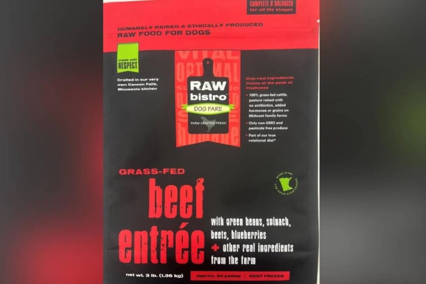 Imagen del producto alimenticio retirado del mercado por Raw Bistro Pet Fare, con sede en Minnesota. Cortesía de la FDA.