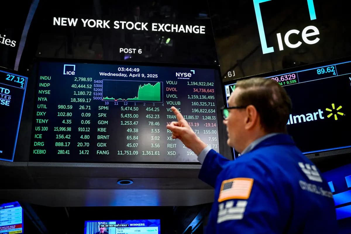 Un operador trabaja en la sala de la Bolsa de Nueva York, en la ciudad de Nueva York, el 9 de abril de 2025. Las acciones de Wall Street registraron avances espectaculares en los tres principales índices ese día. El Dow Jones Industrial Average subió un 7,9 % hasta los 40 608 puntos, el S&P 500 Index se recuperó un 9,5 % hasta los 5456 puntos y el Nasdaq Composite Index subió más de un 12,2 % hasta los 17 124 puntos. (Angela Weiss/AFP a través de Getty Images)