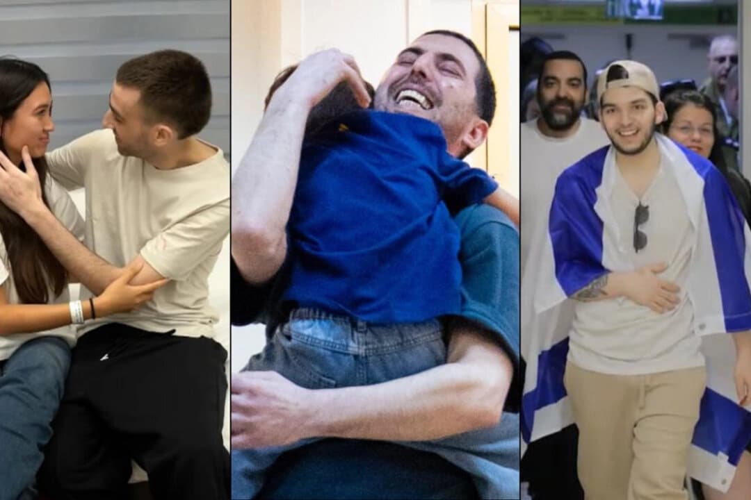 (De izq. a der.) Noa Argamani y Avinatan Or, Elkana Bohbot con su hijo y Yosef Haim Ohana. (Oficina de Prensa del Gobierno de Israel, FDI)