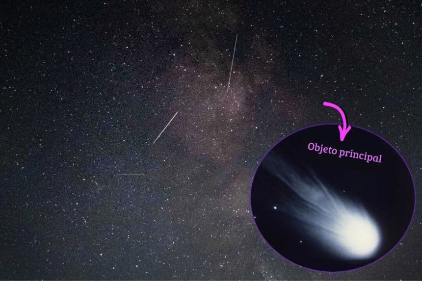 Meteoros de la lluvia de meteoros Oriónidas en el cielo sobre el norte del Líbano el 3 de octubre de 2021 (Ibrahim Chalhoub/AFP vía Getty Images); (Recuadro) El cometa Halley el 20 de enero de 1986. (Space Frontiers/Hulton Archive/Getty Images)
