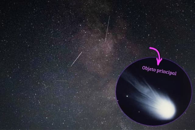 Meteoros de la lluvia de meteoros Oriónidas en el cielo sobre el norte del Líbano el 3 de octubre de 2021 (Ibrahim Chalhoub/AFP vía Getty Images); (Recuadro) El cometa Halley el 20 de enero de 1986. (Space Frontiers/Hulton Archive/Getty Images)
