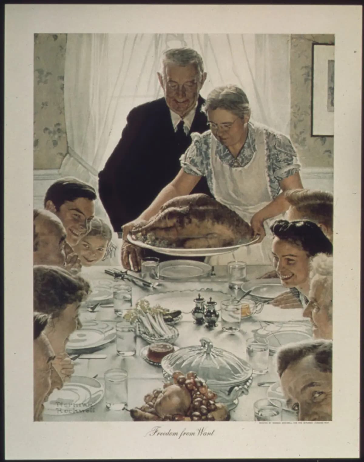 <em>"Libertad de la necesidad", entre 1941 y 1945, por Norman Rockwell. Administración Nacional de Archivos y Registros de EE. UU., (Dominio público)</em>