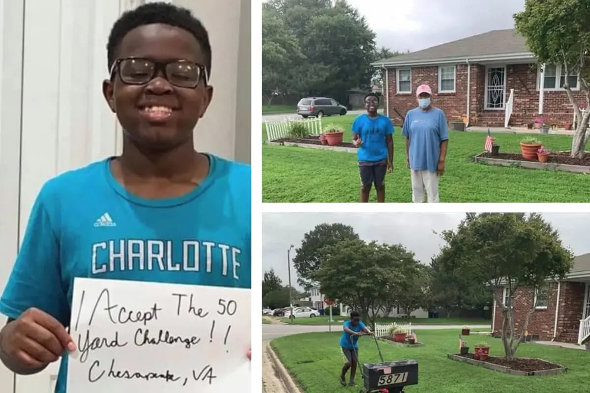 Phoenix Browne, de Chesapeake, Virginia, cortó 50 céspedes de forma gratuita tras inscribirse en el reto "50 Yard Challenge" de Raising Men Lawn Care Service. (Cortesía de Sheldon Browne).