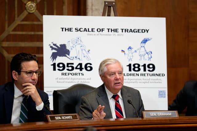 El presidente, el senador Lindsey Graham (republicano por Carolina del Sur) (C), acompañado por el miembro de mayor rango, el senador Brian E. Schatz (demócrata por Hawái) (izquierda), habla frente a un cartel que reza «La magnitud de la tragedia» durante una audiencia del Subcomité de Asignaciones del Senado sobre «El secuestro de niños ucranianos por parte de la Federación Rusa» en el Capitolio, el 3 de diciembre de 2025, en Washington D. C. (Andrew Harnik/Getty Images).