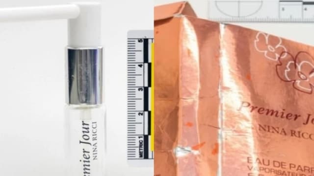 Imágenes sin fecha de un frasco de perfume (izquierda) que contenía el agente nervioso mortal Novichok, y el empaque falso (derecha) en el que venía, que mató a Dawn Sturgess en Salisbury, Inglaterra, el 8 de julio de 2018. (Policía Metropolitana/Investigación de Dawn Sturgess)