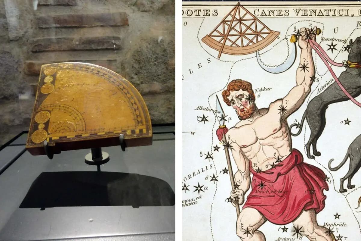(Izquierda) Históricamente se utilizaba un instrumento llamado cuadrante para medir la altitud de objetos celestes como el sol, la luna y las estrellas (Shutterstock/Elif Akay); (Derecha) Un manuscrito representa la constelación Quadrans Muralis, ahora en desuso. (Dominio público)