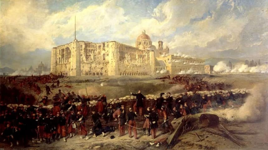 La segunda batalla de Puebla en 1863, en la que los franceses asaltaron la ciudad pero fueron repelidos por las tropas mexicanas, por Jean-Adolphe Beaucé, 1870. (Dominio público)