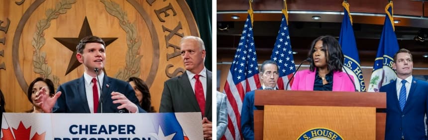 (Izquierda) El representante estatal de Texas James Talarico habla sobre los precios de los medicamentos, el 12 de abril de 2023. (Derecha) La representante Jasmine Crockett (D-Texas) habla en el Capitolio en Washington, el 8 de septiembre de 2025. Ambos lideran las primarias demócratas para el escaño del senador John Cornyn (R-Texas). (Cortesía de la Oficina de James Talarico; Madalina Kilroy/The Epoch Times)