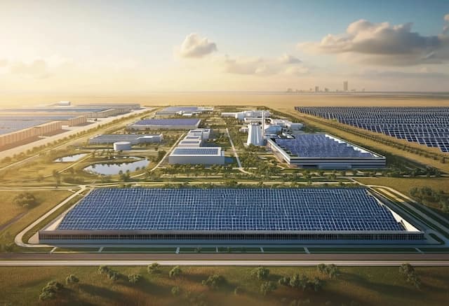 Una representación arquitectónica del complejo de centros de datos de 5770 acres propuesto por Fermi America cerca de Amarillo, Texas, ilustra sus planes para el desarrollo de un centro de datos de IA de 18 millones de pies cuadrados alimentado por "el mayor complejo de energía nuclear de Estados Unidos" y respaldado por "el mayor proyecto de gas natural de ciclo combinado, energía solar y almacenamiento en baterías del país". (Fermi America)