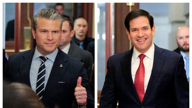 (I) El secretario de Guerra de Estados Unidos, Pete Hegseth (Chip Somodevilla/Getty Image) y (D)el secretario de Estado de los Estados Unidos, Marco Rubio, llegan a una reunión informativa con los líderes del Congreso bicameral en el Capitolio de los Estados Unidos el 5 de enero de 2026 en Washington, DC. (Chip Somodevilla/Getty Images)
