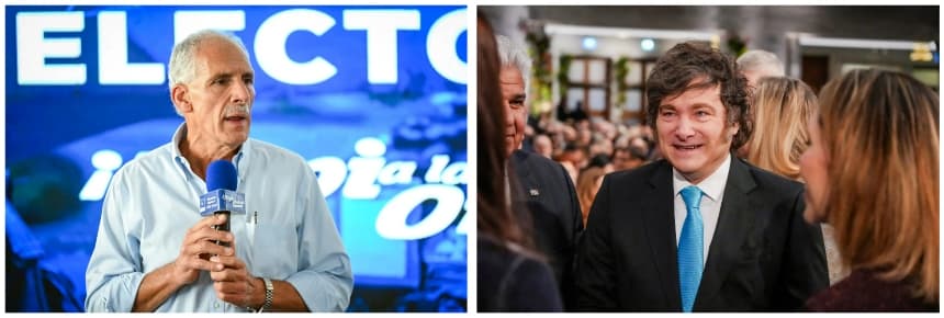 (Izquierda) El candidato presidencial del Partido Nacional de Honduras, Nasry Asfura, habla durante una rueda de prensa en Tegucigalpa, Honduras, el 1 de diciembre de 2025. (Derecha) El presidente argentino Javier Milei (centro) llega a la ceremonia del Premio Nobel de la Paz en el Ayuntamiento de Oslo, en Oslo, Noruega, el 10 de diciembre de 2025. El presidente Donald Trump ha apoyado agresivamente a líderes y candidatos ideológicamente alineados en toda América Central y del Sur, respaldando la campaña presidencial de Asfura y el partido de Milei en las elecciones de mitad de mandato. (Marvin Recinos/AFP vía Getty Images, Ole Berg-Rusten/NTB/AFP vía Getty Images)